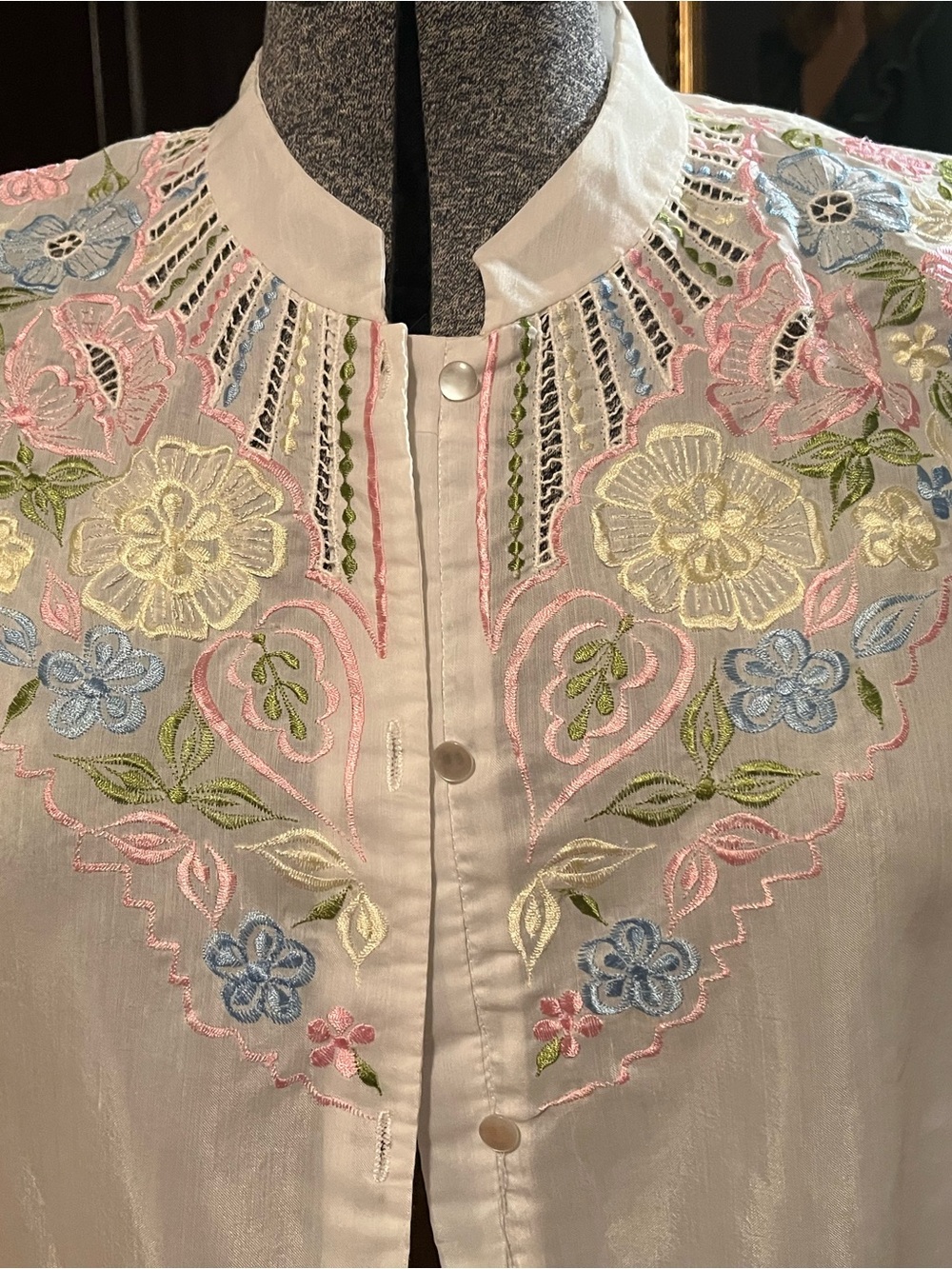 Embroidered White Floral Button-Front Blouse